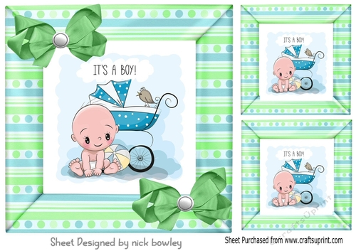 Cute baby boy with pram in stripe 8x8 card