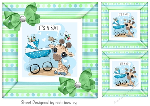 Cute Giraffe  with pram in stripe 8x8 card