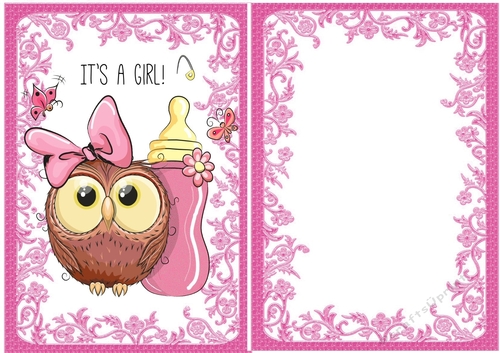Cute baby girl card with owl A5 with insert A5