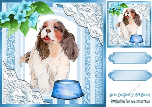 Lovely water colour dog with ornate frame 8x8 with flowers