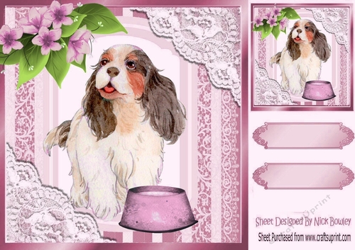 Lovely water colour dog with ornate frame 8x8 with pink flowers