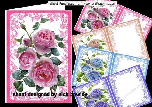  4 pretty A5 Coloured Roses with insert in ornate frame  Mini kit
