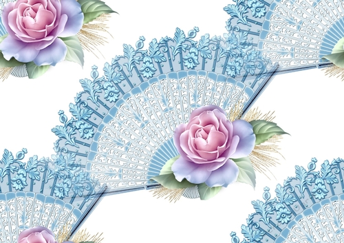Pretty lace blue fan with pink roses (BIG) Backing Paper