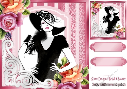  Lady in hat with roses 8x8 frame card front with insert/verse/topper