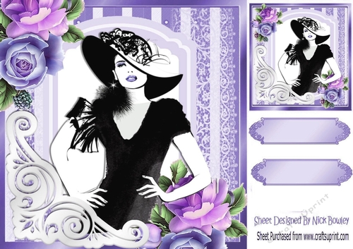 Lady in hat with purple roses 8x8 frame card front with insert/verse/topper