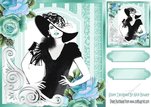 Lady in hat with turq roses 8x8 frame card front with insert/verse/topper