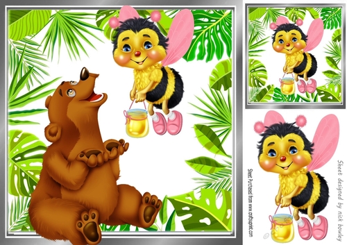 Cute little toon bee with fuzzy brown bear 8x8