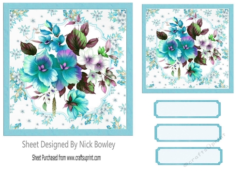 Pretty turq and white flowers in floral frame 7x7
