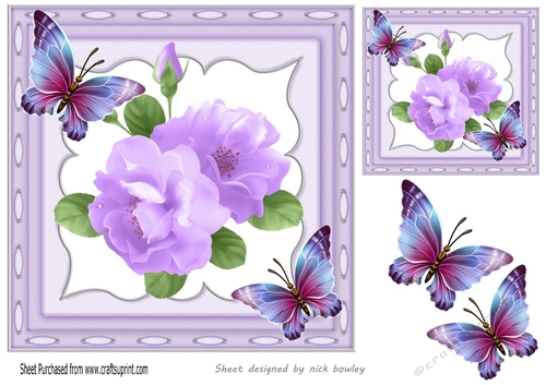 Pretty lilac flowers and butterflies in ornate frame 7x7