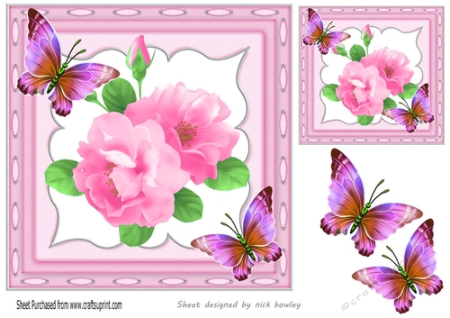 Pretty pink flowers and butterflies in ornate frame 7x7