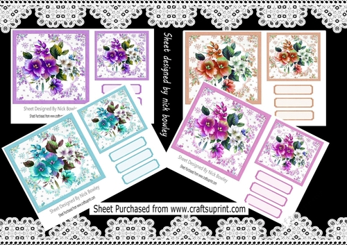  4 Pretty coloured flowers in frames 7x7 card fronts mini kit