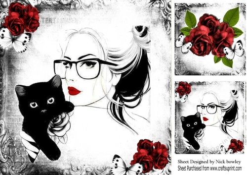 Lady with black cat red rose modern/gothic  8x8