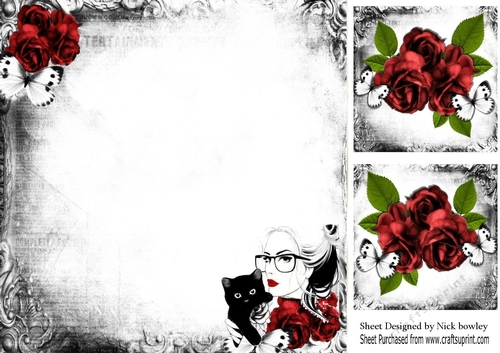 Lady with black cat red rose modern/gothic 8x8 insert