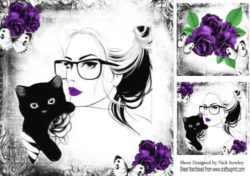 Lady with black cat purple rose modern/gothic  8x8