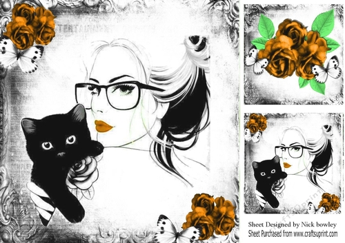 Lady with black cat gold rose modern/gothic  8x8
