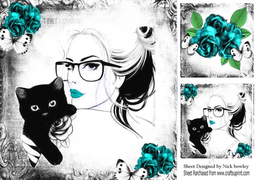 Lady with black cat turq rose modern/gothic  8x8