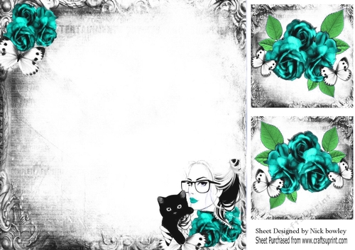 Lady with black cat turq rose modern/gothic  8x8 insert