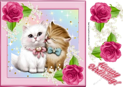 Kittens cuddling with pink corner roses 8x8