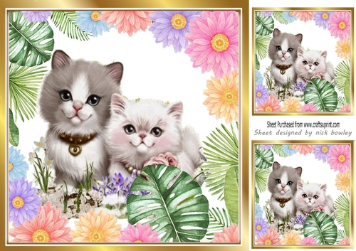 kittens in a garden of flowers 8x8