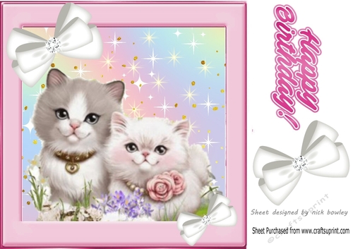 Kittens cuddling with corner white diamante bows 8x8