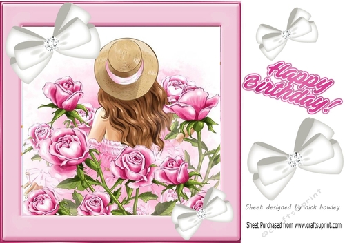 Pretty garden of pink roses with a girl and diamond bows 8x8