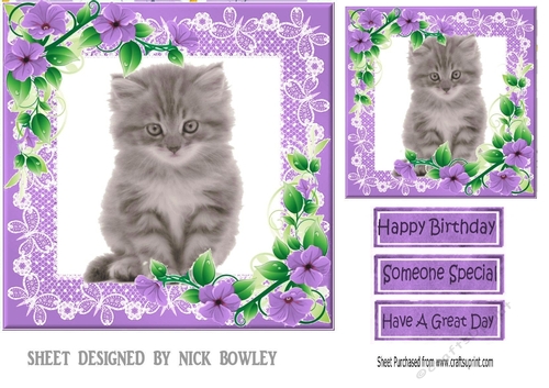 Lilac lace frame with flowers and a kitten 7x7