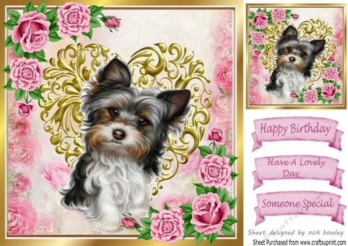 sweet puppy on gold heart with pink roses 8x8