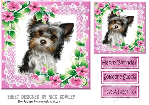 Pink lace frame with flowers and a puppy7x7