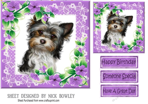 Purple lace frame with flowers and a puppy7x7