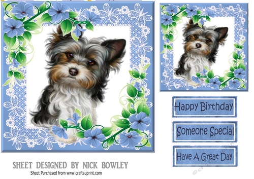 Blue lace frame with flowers and a puppy7x7