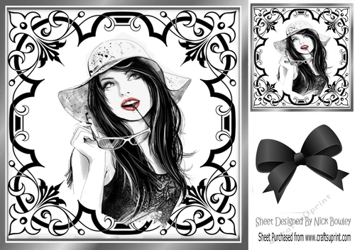 Pretty lady, black and white ornate frame 8x8