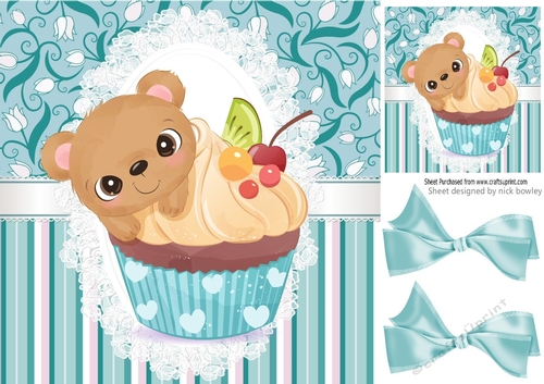 cute teddy bear cupcake with turq stripe, lace and bows 8x8