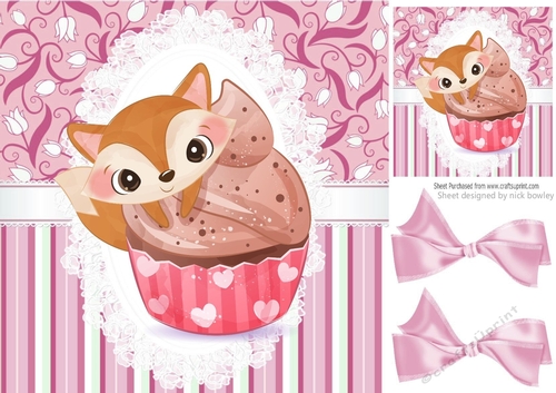 cute teddy bear cupcake with pink stripe, lace and bows 8x8