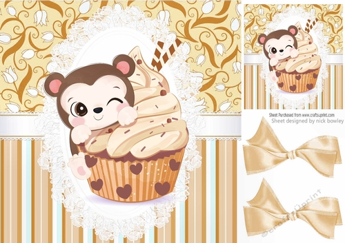 cute teddy bear cupcake with orange stripe, lace and bows 8x8