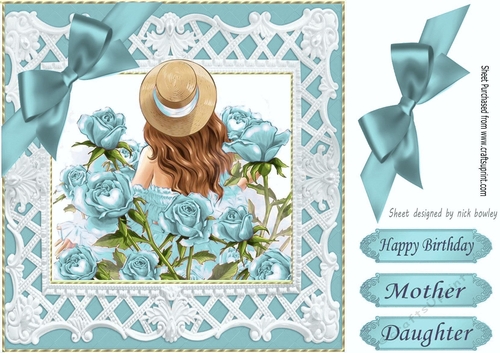 Pretty with turq roses and bow 8x8