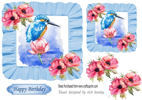 Pretty water colour king fisher pink flowers 7x7