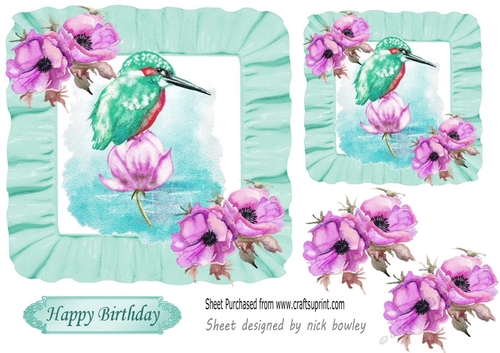 Pretty water colour turq king fisher flowers frill frame 7x7