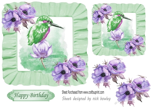 Pretty water colour green king fisher with flowers 7x7