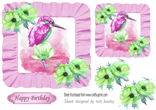 Pretty water colour pink king fisher with flowers 7x7