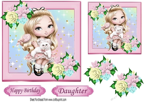 Cute Girl with Kitty and flowers 7x7