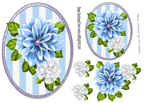 pretty blue and white flowers on oval stripe toppers