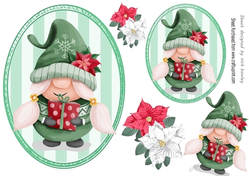 Christmas Gnome with poinsettias on striped toppers (one)