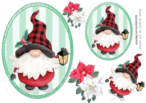 Christmas Gnome holding a lamp on striped toppers (three)