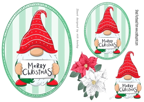 Christmas Santa Gnome  in striped topper with poinsettias