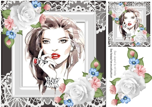 Pretty elegant lady with roses in ornate frame 8x8 (one)