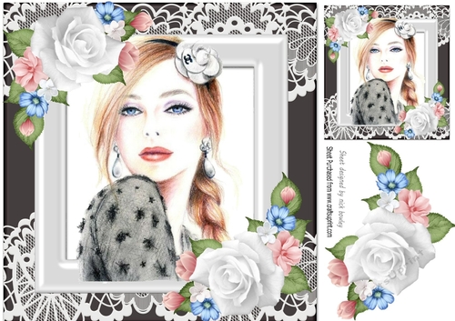 Pretty elegant lady with roses in ornate frame 8x8 (three)