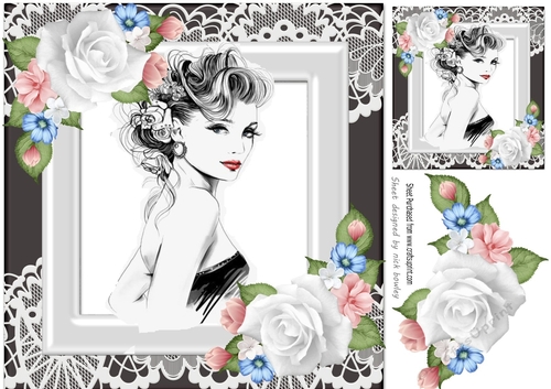 Pretty elegant lady with roses in ornate frame 8x8 (four)