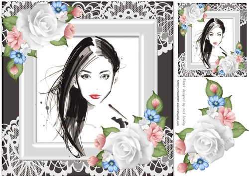 Pretty elegant lady with roses in ornate frame 8x8 (five)