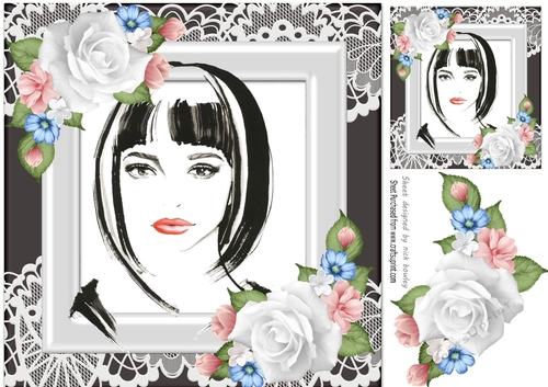 Pretty elegant lady with roses in ornate frame 8x8 (six)