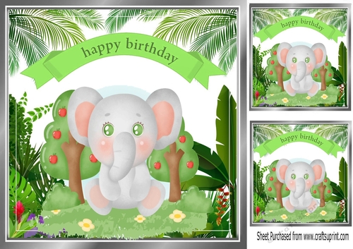 Cute Ele in a jungle frame card front 8x8 (four)